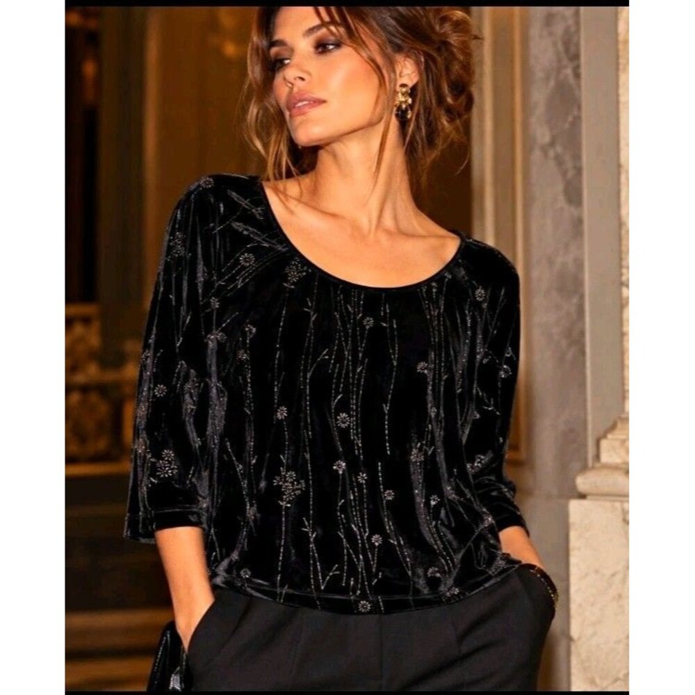 Vintage Saint Tropez West Black Velvet Metallic Floral Top XL NWT Made USA
